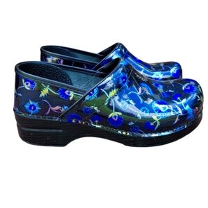 41 Dansko Garden Floral Blue Black Slip Leather Nurse Clog Loafer Women 10.5 11